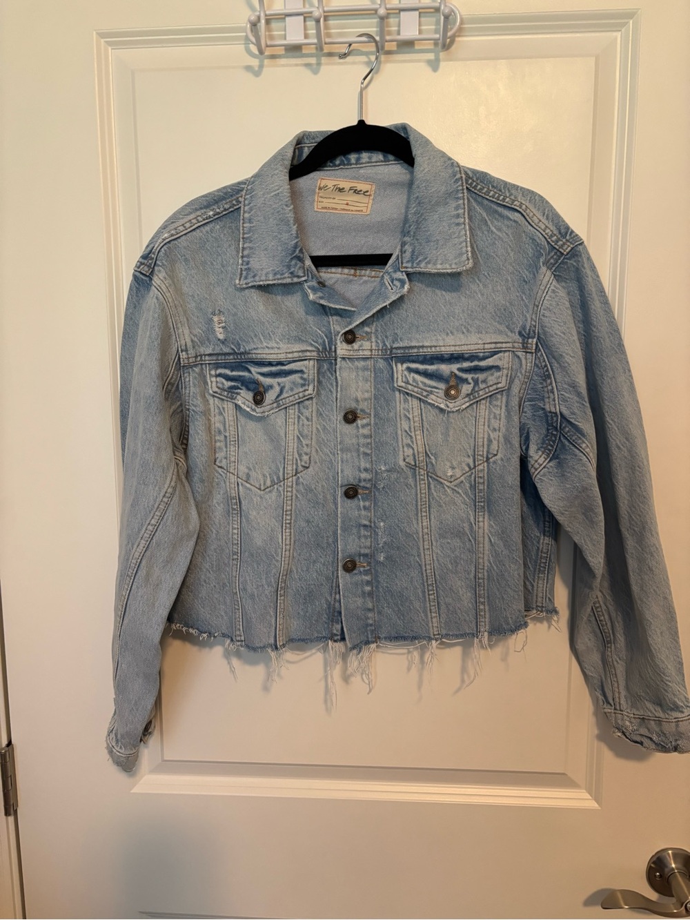 We The Free Ladies Light Blue Distressed Denim Jacket